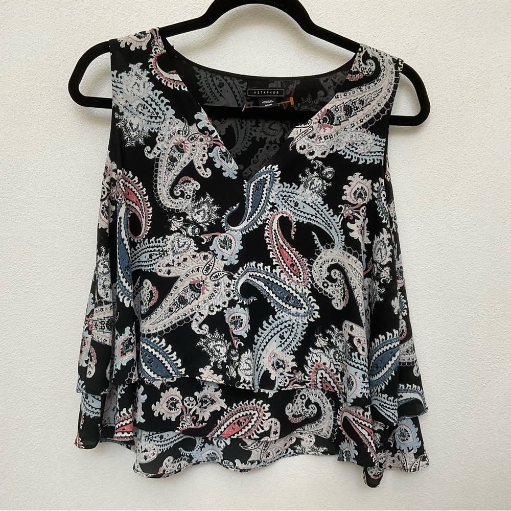 Metaphor Black Tiered Ruffle Front Paisley Tank Top Size Med Boho Light Spring